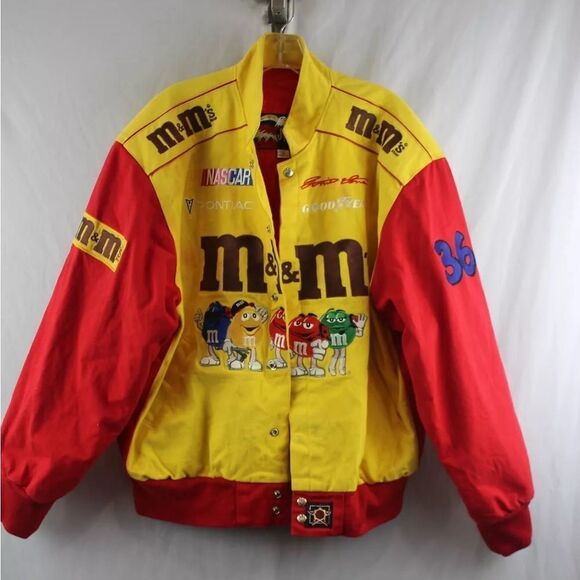 Jeff Hamilton Men's Vintage Red/Yellow M&Ms Graphic Racing Jacket sz L nascar - Picture 1 of 3